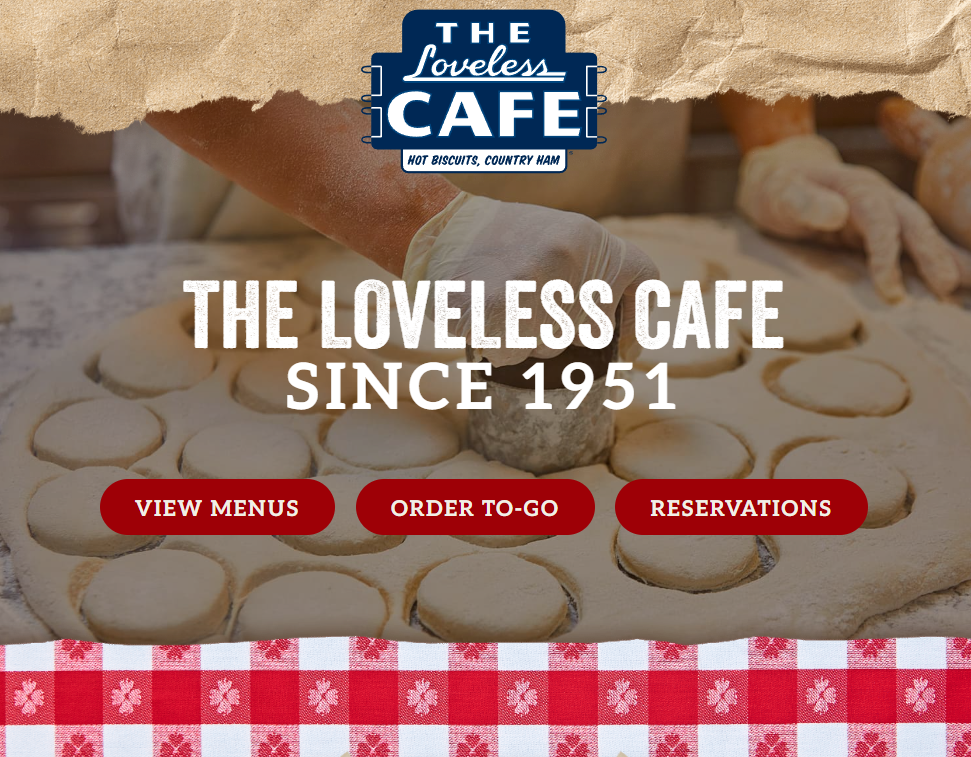 Screenshot of Loveless Cafe Website in Nashville, TN