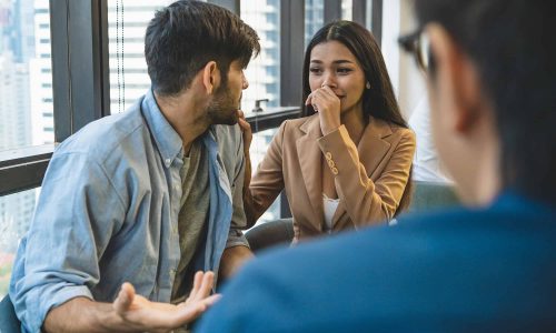 Psychotherapist inquiring about symptoms occurring within mind from couple patients with mental health problems. Group psychotherapy for support and helping worried man to change negative mindset